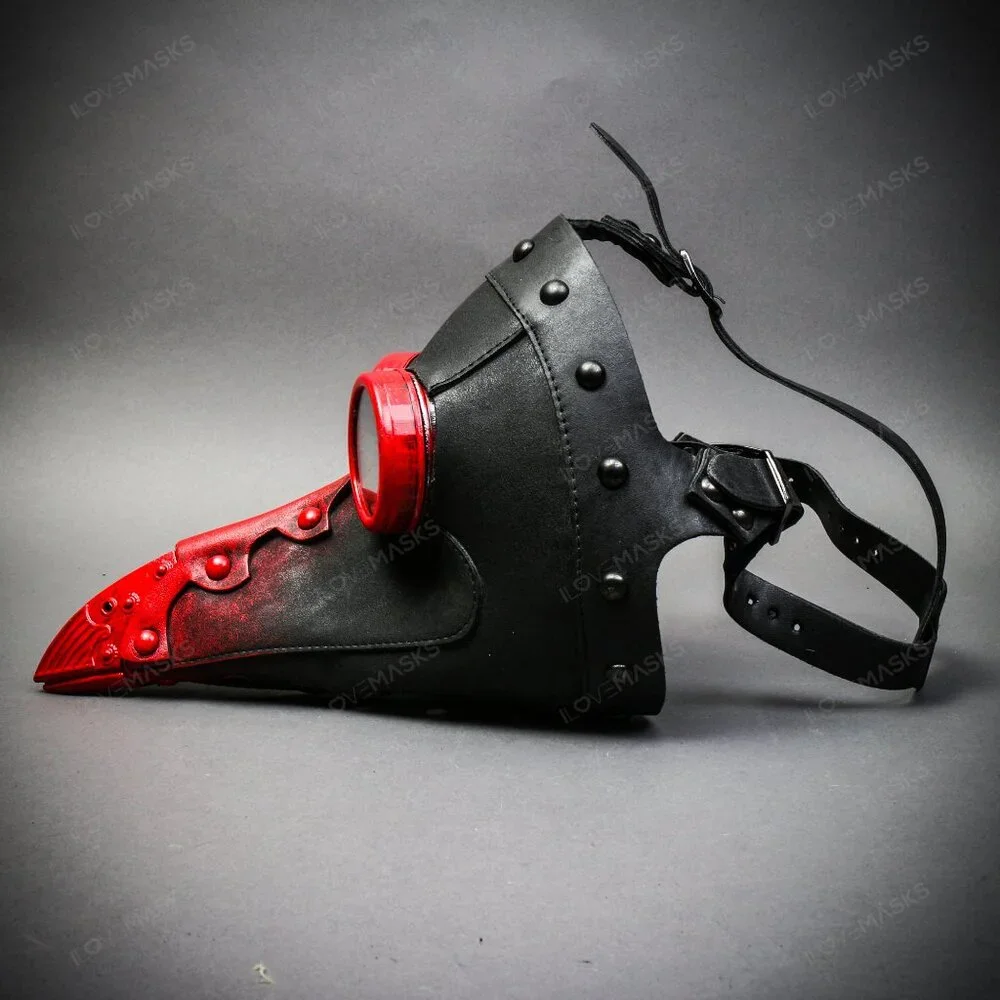 Black Steampunk Plague Doctor w/ RED Goggle Short Bird Beak Halloween Party Mask